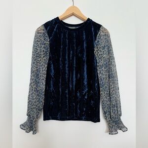 Anthropologie Evan Picone Navy Velvet Top with Leopard Print Sleeves